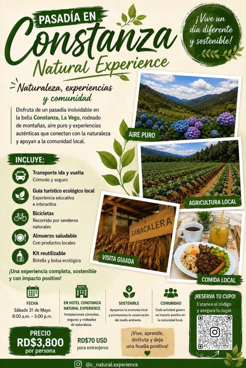Flyer del pasadía en Constanza Natural Experience con actividades y precio